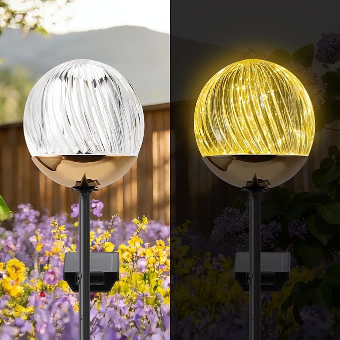 Solar Globe Stake Lights - Outdoor Acrylic Ball Garden Lights with 20 LED, IP44 Waterproof, Auto On/Off, Metal Stake with h-Shaped Ground Spike for Yard, Pathway, Patio Decor (Black stake , 2 pack)