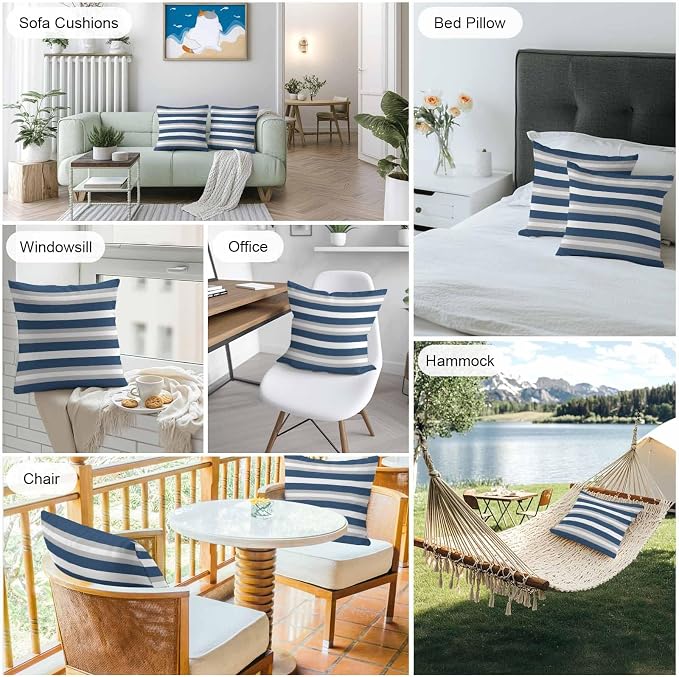 Throw Pillow Covers 18x18 Inch Set of 2, Navy Blue Grey Stripe Waterproof Outdoor Pillow Covers, Minimalist Farmhouse Striped Decorative Cushion Pillowcases for Couch, Sofa, Bed, Garden, Patio