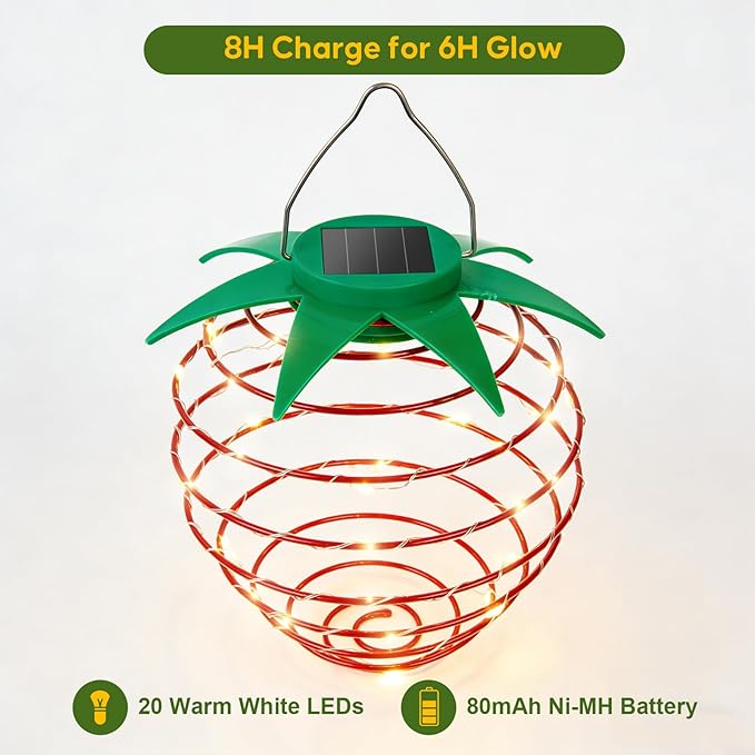 Solar Lights Outdoor, 2-Pack Decorative Strawberry Solar Garden Lights, Waterproof Outdoor Solar Lights for Patio Decor, Yard & Landscape, 20 LED Creative Hanging Fruit Lanterns for Garden Decor