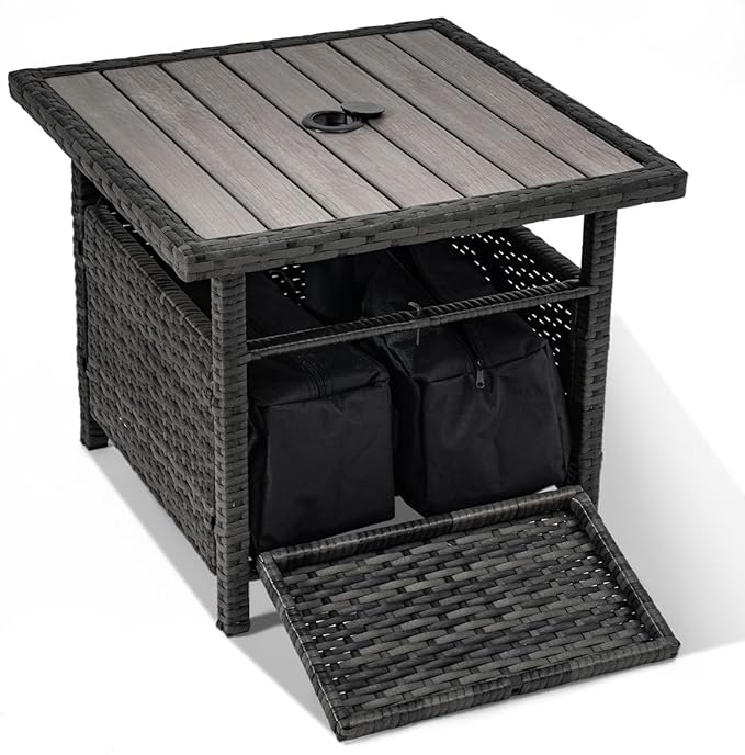 Sundale Outdoor Umbrella Stand with 2 Weight Bags, Patio 22 in Wicker Side Table with Umbrella Hole, All Weather Small Rattan Umbrella Base for Deck Yard Poolside Porch, Charcoal Gray