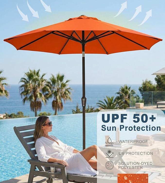 PatioKingdom Auto-Tilt 9FT Patio Umbrella Outdoor with 8 Sturdy Fiberglass Ribs,Market Table Umbrella for Pool,Backyard,Deck and Garden