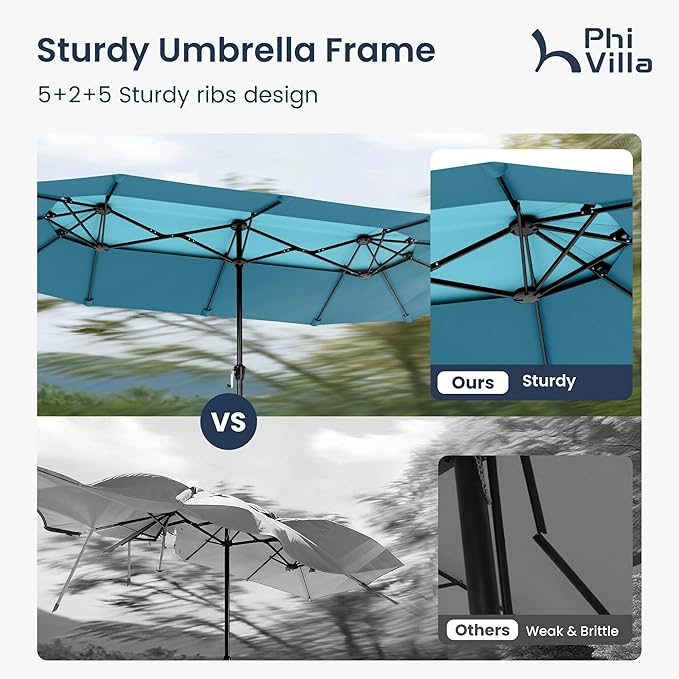 PHI VILLA 13ft Large Patio Umbrellas with Base Included, 2-Tier Double-Sided Outdoor Market Rectangle Umbrella for Outside, Blue & Cerulean