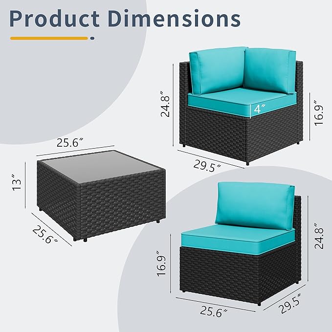 SUNLEI Outdoor Patio Furniture Set 5 Pcs, Rattan Balcony Furniture with Backrest Glass Table & Washable Cushions Small Conversation Patio Set with Sectional Design (Black/Blue)