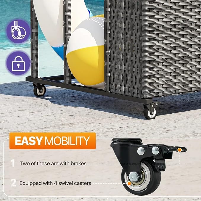 Poolside Deck Box, Poolside Storage Organizer With Pe Rattan Wicker Basket, For Floats & Accessories, Galvanized Frame With Locking Wheels