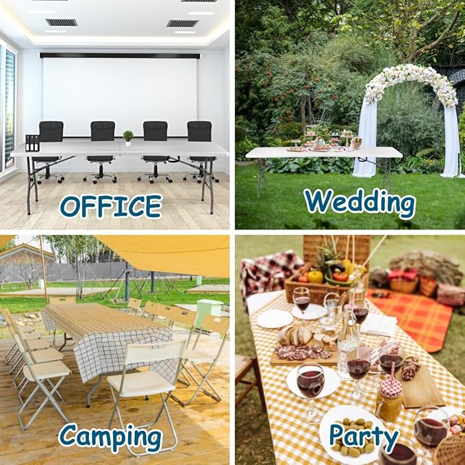 VTOY 8FT（30" x 96"） Folding Table, Indoor Outdoor Heavy Duty Picnic Table with Carrying Handle,Plastic Fold up Table for Picnic, Party, Camping，Office - White