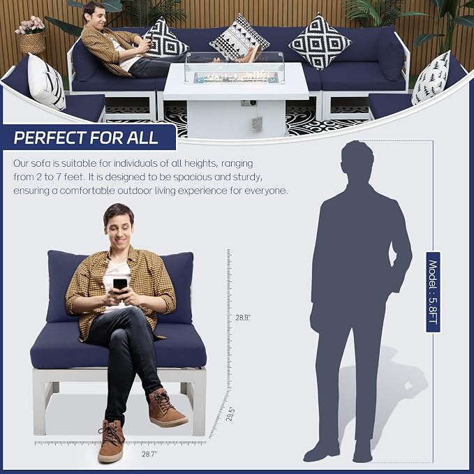 BULEXYARD 9 Piece L Shaped Contemporary Aluminum Outdoor Furniture Set with Firepit, 29" Deep Wide Large Couch Set, 500 lbs High Weight Capacity Modular Patio Sectional Sofa for Exterior, Navy Blue