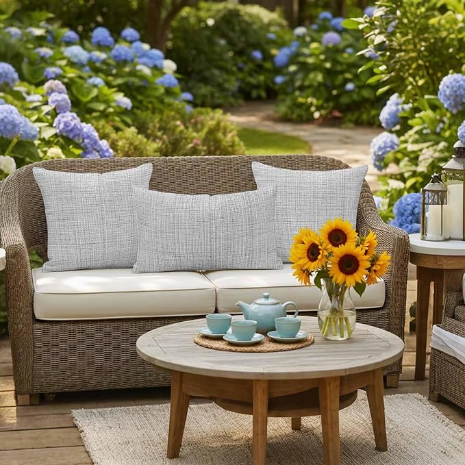 Outdoor Waterproof Throw Pillow Covers Set of 2 Grey Linen Texture Pillowcases 16x16 Inches Solid Color Decorative Pillows Cushion Case Patio Pillows for Couch Bed Chair Garden