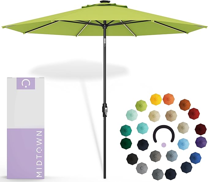 Midtown Umbrellas The LED Swilt 10 Feet Patio Umbrella With Sunbrella Macaw Acrylic Fabric - Auto-Tilt Aluminum Frame With LED Lights For Backyard, Deck, Garden, Pool - Black Pole