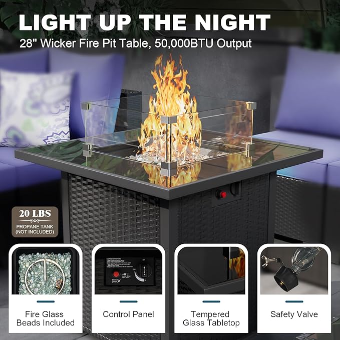 8 Piece Outdoor Patio Conversation Furniture Set Sectional Wicker Furniture Set with 28In Fire Pit Table, 50000 BTU Propane Firepit, Best for Garden Lawn Pool or Backyard, Coffee and Blue