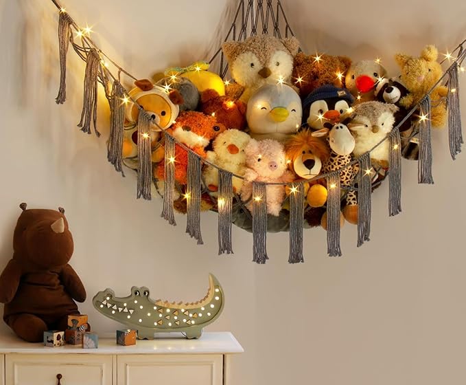 Stuffed Animal Storage Hammock Corner X-Large with LED Light - Baby Hammock Hanging Holder Plushies Net for Stuff Animals Organizer - Cute Room Decor Aesthetic Kids Toddler Nursery Bedroom