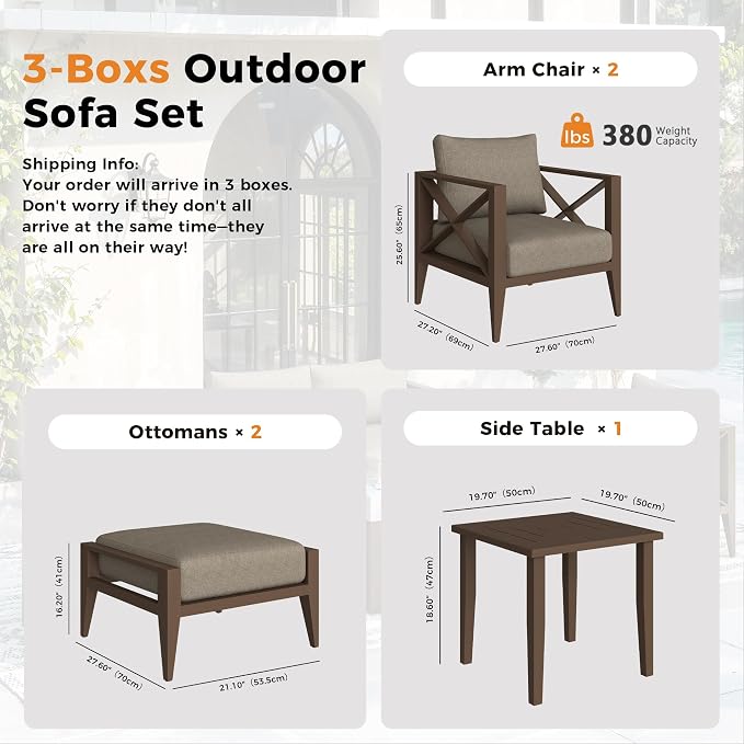 Aluminum Outdoor Patio Furniture Set, 5 Pieces Conversation Set with 5.2 Inch Cushions & 2 Ottomans, All-Weather Rust-Resistant Frame Conversation Set for Porch, Garden, Backyard, Brown