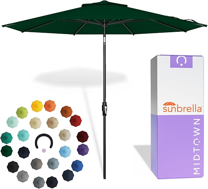 Midtown Umbrellas 8 Feet Aluminum Patio Umbrella With Fiberglass Ribs In Sunbrella Forest Green, Auto-Tilt And 360 Degrees Swivel For Optimal Shade, Kevlar Cord For Long Lasting Use