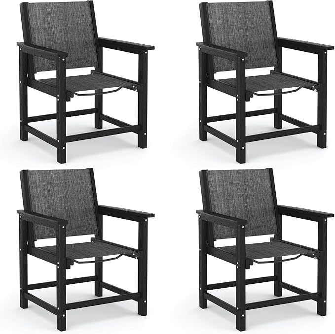 Amopatio Outdoor HDPE Dining Chairs Set of 4 All-Weather Patio Chairs with Textilene Backrest Heavy Duty for Porch Backyard Deck Lawn Garden, Black
