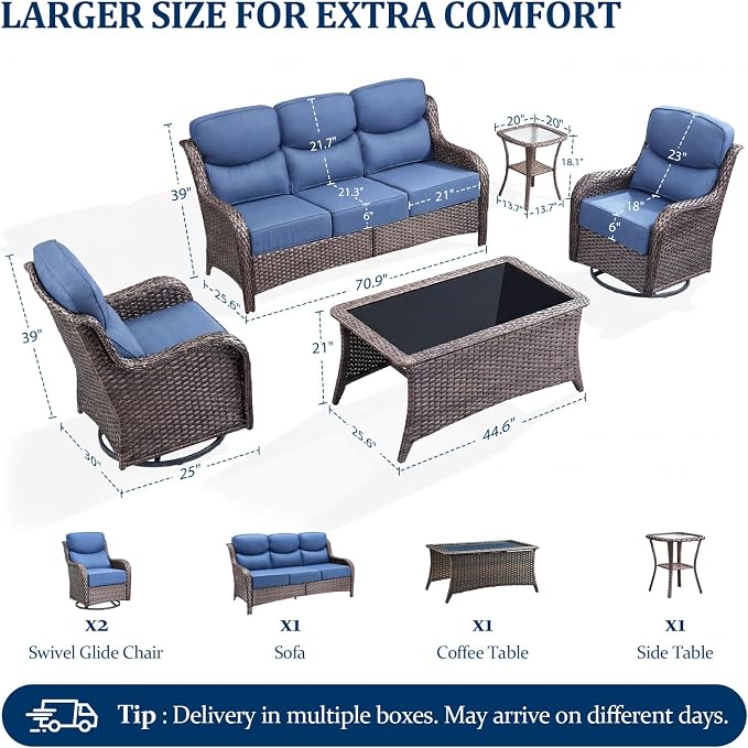 Luxury Swivel Rocker Chairs Sofa Set with 6" Thick Cushion 5 piece Wicker Outdoor Patio Chair with Coffee Table High Back Comfortable Outdoor Patio Furniture Set - Brown | Blue