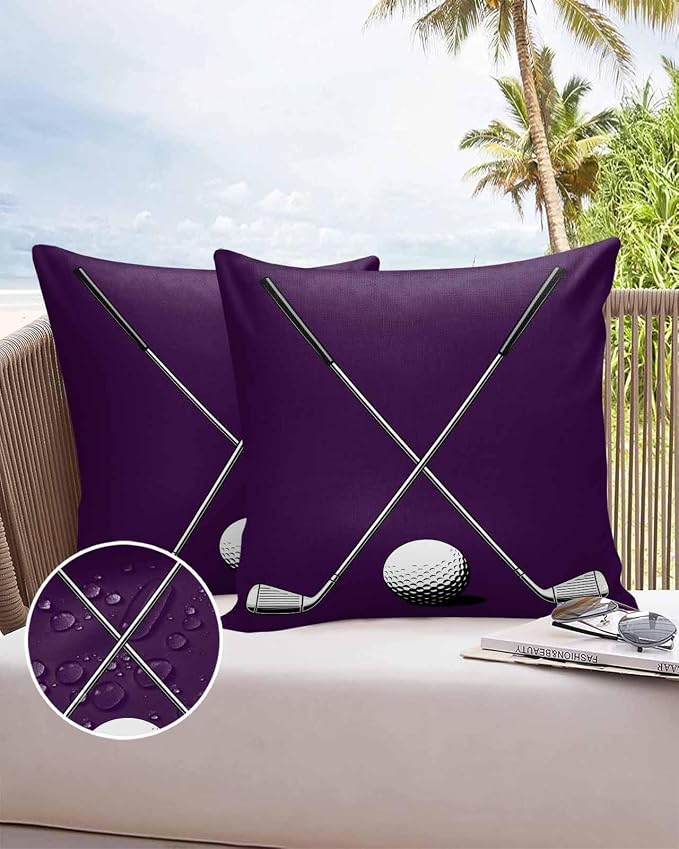 Vandarllin Outdoor Throw Pillows Covers 16x16 inch Set of 2 Waterproof Golf Ball Club Decorative Zippered Cushion Covers for Patio Furniture, Game Sports Purple Lumbar Pillowcases