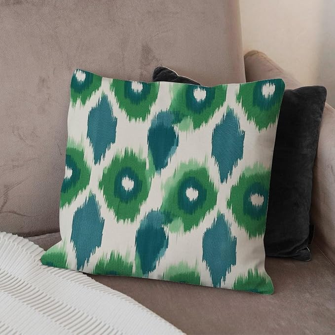 Green and Aqua Bukhara Ikat Pillowcase Peacock Strip Print Throw Pillow Cover Classic Modern Decorative Pillow Covers for Patio Furniture Garden 26x26 in