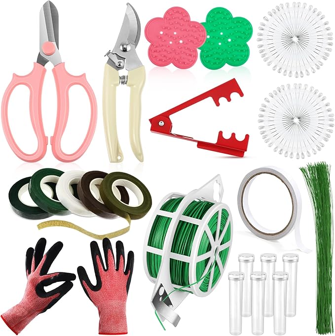 WILLBOND Gifts for Mom Women,121 Pcs Floral Arrangement Tool Kit, Rose Thorn Remover Pruner Trimmer Gloves 22/26 Gauge Paddle Tie Stem Pearl Corsage Pin Pruning Shears, Florist Tool(Bright Color)