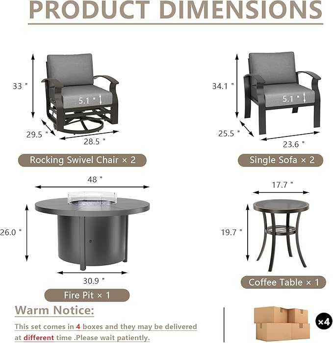 ALAULM Aluminum Patio Furniture Set with 40,000 BTU Round Propane Fire Pit Table 4-seat Metal Outdoor Furniture w/Swivel & Rocking Conversation Set for Patio, Lawn, Poolside（Grey