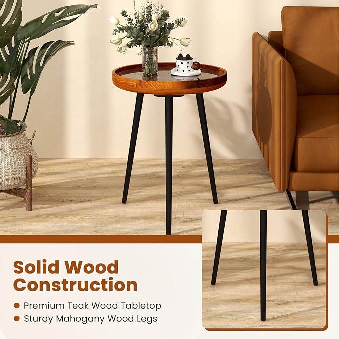Giantex Outdoor Side Table, Round End Table with Epoxy Resin Finish, Sea Shell Decoration, Mahogany Wood Frame, Tray Top, Patio Side Table for Living Room, Pool, Yard, Porch (Brown, 16” x 16” x 19.5”)
