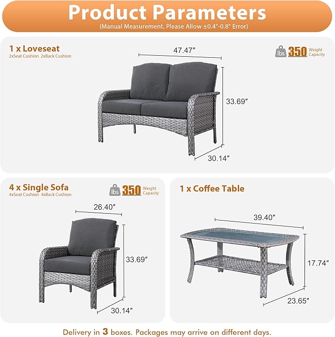 6 PCS Outdoor Patio Furniture Set with Glass Table, All-Weather Rattan Wicker Outdoor Conversation Set with Thickened Cushions for Balcony Backyard Garden Lawn,Black