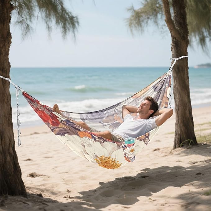 Retro Colorful Flowers Camping Hammocks Rope Hammock for Patio Backyard Lounge Base