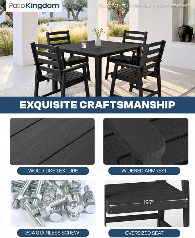 HDPE Outdoor Dining Set for 4, Armchairs, Black | All-Weather HDPE, Wood Grain Finish, 42.5" Square Table, Built-In Umbrella Hole, Seats 4, Patio & Poolside Ready