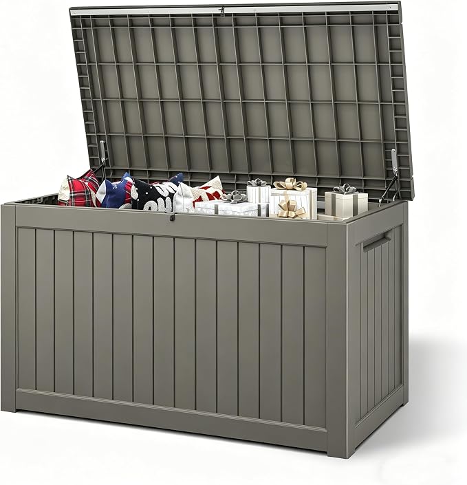 Fancyango 270 Gallon Outdoor Deck Box Waterproof, Large Storage Box for Patio, Resin Storage Bench Lockable for Garden Tools, Package Delivery, Grey