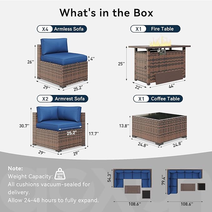 LazySunsets 8 Piece Outdoor Patio Furniture Set with 44'' Fire Pit Table, Outdoor Patio Furniture Set with Waterproof Cover, Wicker Rattan Outdoor Conversation Set for Backyard & Garden, Blue