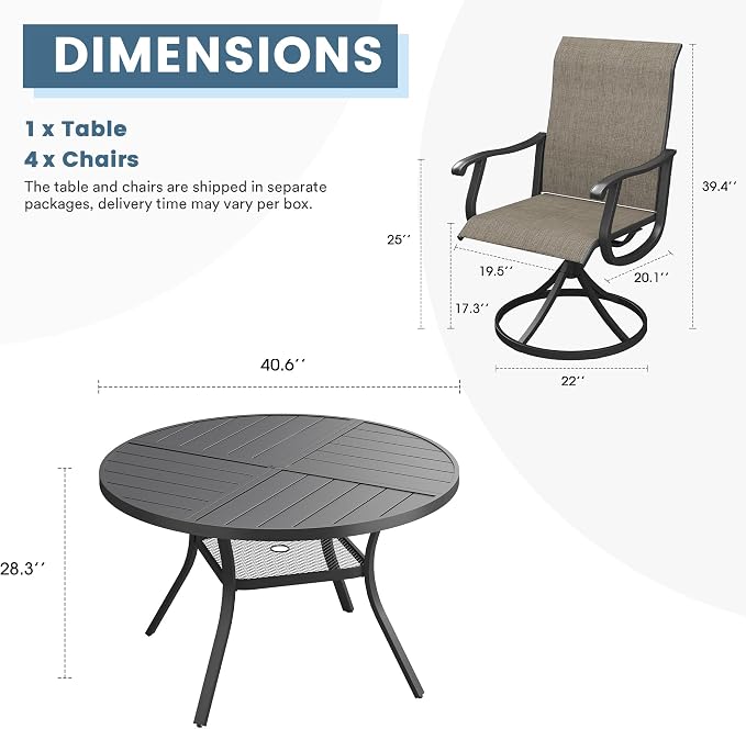DIFY Patio Table and Chairs Set for 4, 5 Piece Outdoor Dining Set Includes 40.6" Black Round Metal Dining Table with Umbrella Hole and 4 Brown Textilene Swivel Patio Chairs, for Garden Backyard Deck