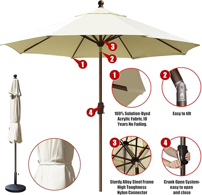 EliteShade USA 10-Year-Non-Fading 10Ft Market Patio Umbrella, UPF 50+ UV Protection Performance Sun Umbrella, Heavy Duty Commercial Grade Outdoor Table Umbrella with Crank & Tilt, Windproof Vented Top for Garden, Pool, Deck and Outdoor Playsets, Natural