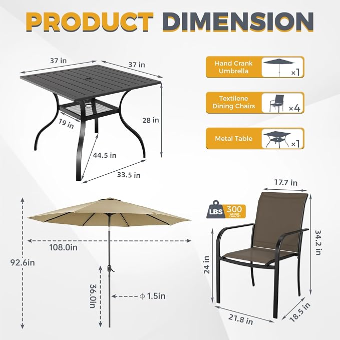 Incbruce 6-Piece Patio Furniture Set with Brown Umbrella, Patio Table and Chairs Set of 4 Textilene Chairs and Square Table with Umbrella Hole for Garden, Deck and Backyard (Brown)