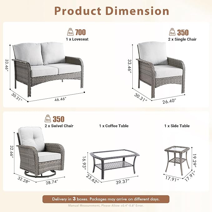 7 Pieces Outdoor Patio Furniture Set with Coffee Table, All Weather Wicker Patio Conversation Sets with Rocking Chairs, Balcony Furniture Sets for Backyard, Garden, Poolside, Grey