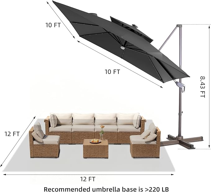 JZAC & QZYD 9x9 FT Outdoor Cantilever Patio Umbrella with Solar LED Lights, Large Heavy Duty 2-Tier Canopy Square Aluminum Offset Umbrellas with 360-Degree Rotation for Pool Deck Backyard, Grey