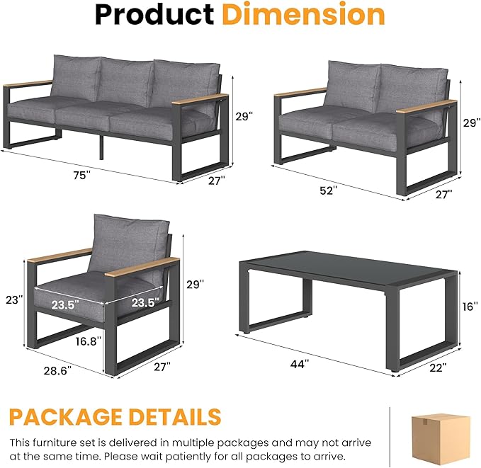 RoyalCraft Aluminum Patio Furniture Set, 7-Seats Outdoor Conversation Set with Coffee Table, Metal Outdoor Patio Furniture Set for Porch Backyard Garden, Grey