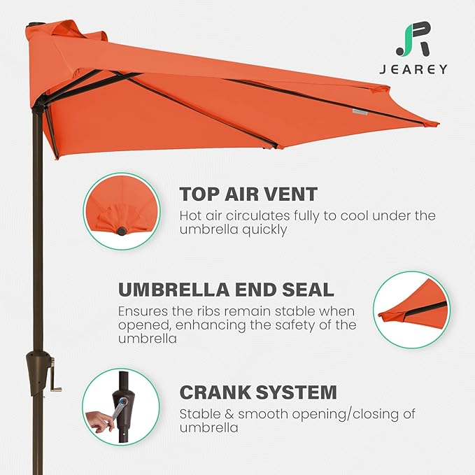 JEAREY 9ft Half Umbrella Outdoor Patio Umbrella Market Umbrellas with Crank, 1/2 Round Wall Umbrella 5 Sturdy Ribs UV Protection for Pool Garden Balcony Deck, Orange