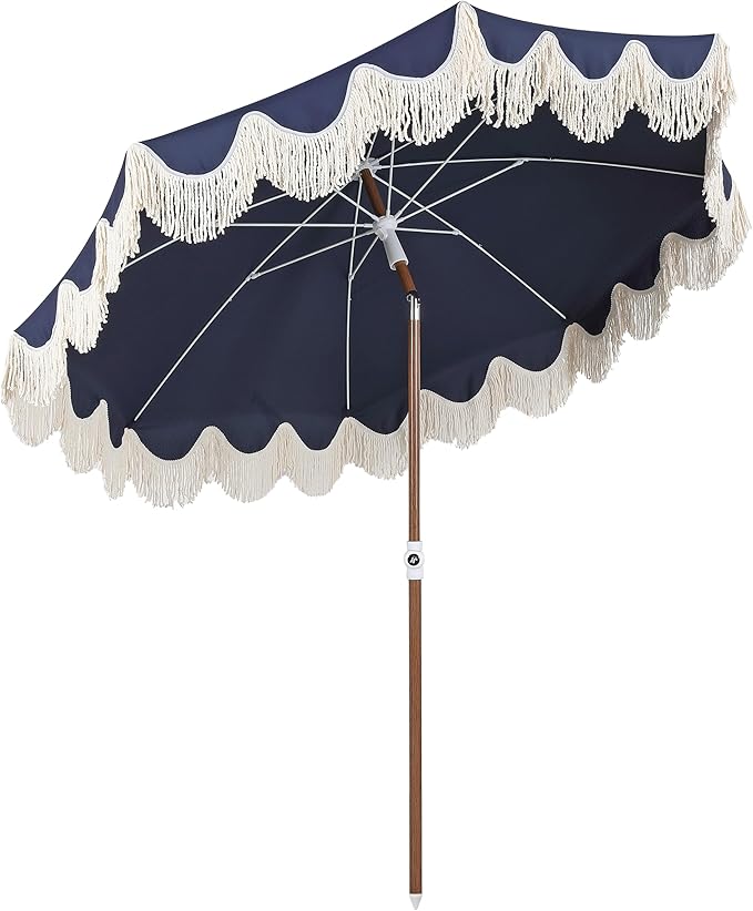 JONATHAN Y Mariner 6.5 ft. Beach Umbrella, Navy Solid with Fringe, Push-Button Tilt, UPF 50+ Sun Protection and Carrying Bag for Patio and Pool, Dark Brown Wood-Finish Pole UMB1005I