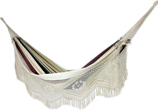 NOVICA Dark Green Brown White Stripe 2 Person Cotton Brazilian Hammock with White Crochet Fringe, 'Joyous Earth' (Double)