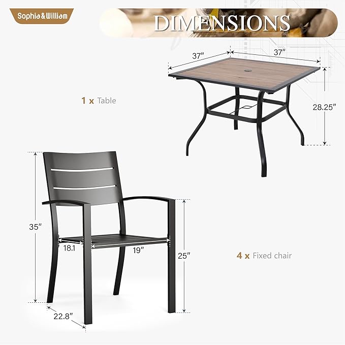 Sophia & William Metal Patio Outdoor Table and Chairs 5 Piece Dining Set - 37" Square Imitation Wood Table and 4 Backyard Garden Chairs, Table with 1.57" Umbrella Hole