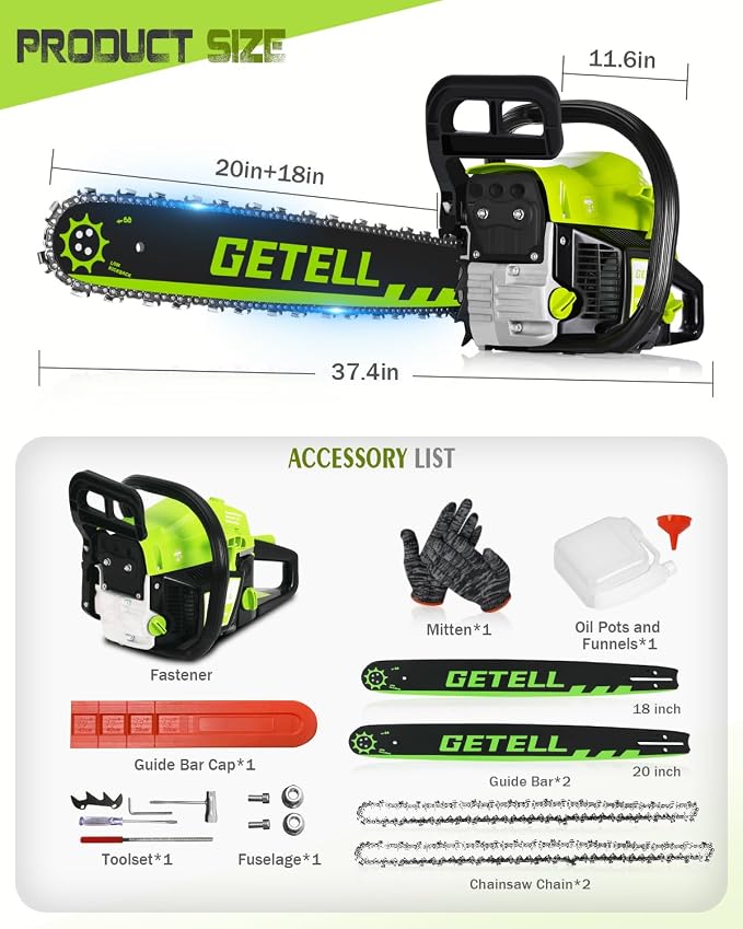 Gas Powered Chainsaw with 20 and 18 Inch Bar Dual System, 58cc 3.6 HP Professional 2-Stroke Engine, Easy Start and Anti-Vibration for Farm Ranch or Heavy Duty Wood Cutting (Green Black)