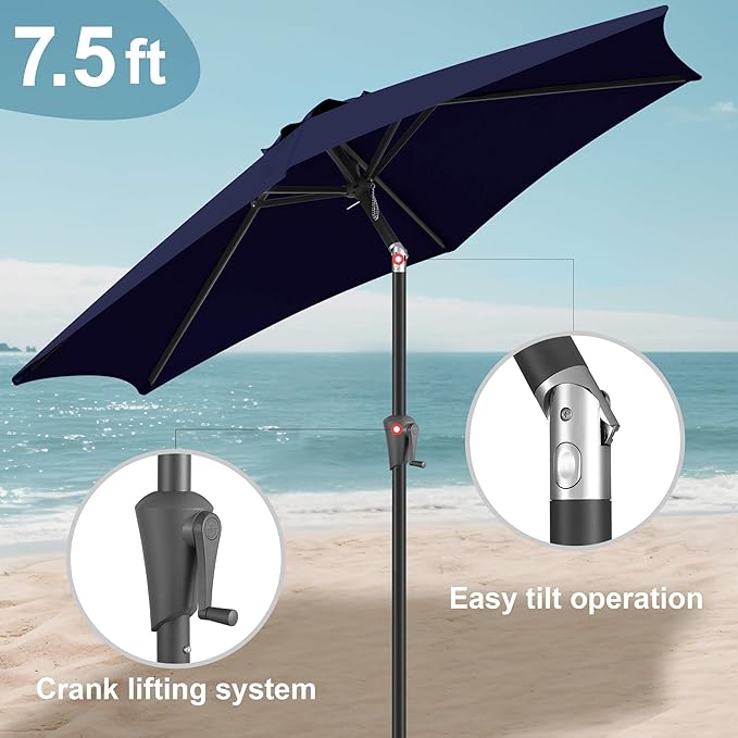 FLAME&SHADE 7.5ft Patio Umbrella - Outdoor Umbrella with Push Button Tilt and Crank for UV Protection, Table Market Umbrella for Garden, Deck, Backyard, Pool and Beach(Navy Blue)