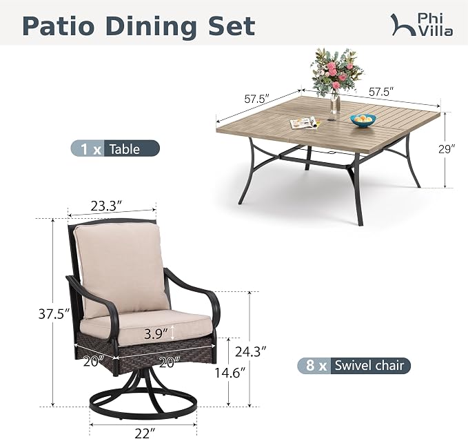 PHI VILLA 9-Piece Outdoor Dining Sets, 57.5“ All-Weather Patio Table and Chairs Set for 8, Heavy Duty Patio Table Set Square for Deck, 8 Extra Large Outdoor Swivel Chairs with Thick Cushions