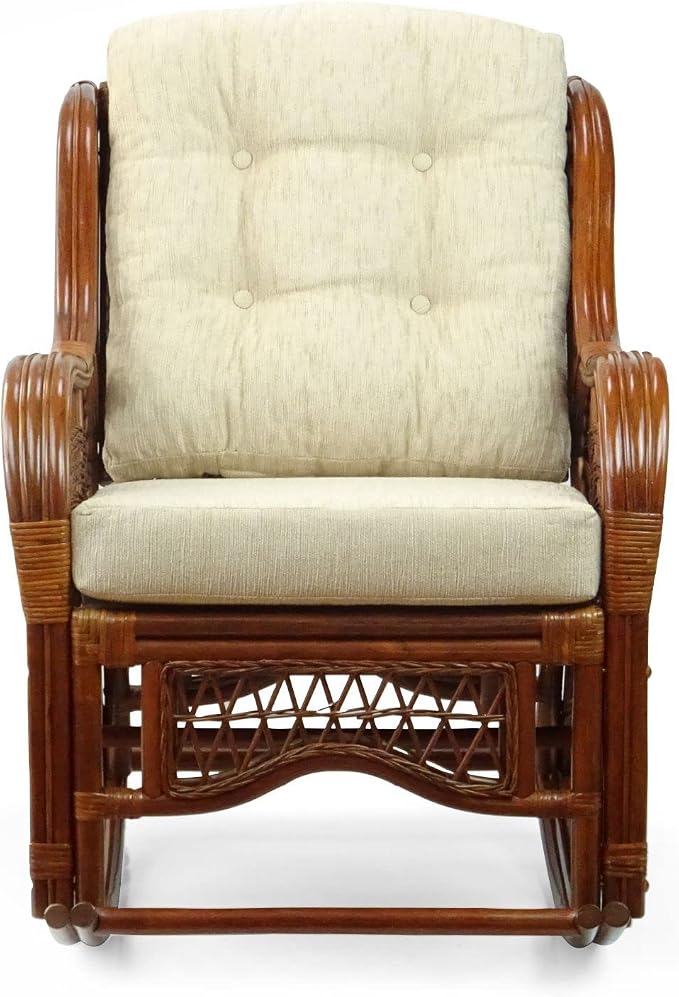 Malibu Handmade Natural Rattan Living Room Set of 2 Rocking Lounge Chairs and Round Coffee Table with Glass, Colonial Color, Cream Cushions
