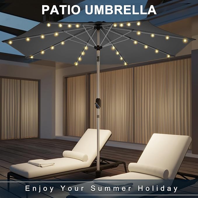 9FT Aluminum Patio Umbrella with 40-LED Solar Lighted, Fade-Resistant Outdoor Market Table Umbrella with Push Button Tilt Function, 8 Sturdy All-Aluminum Ribs for Gardens, Decks, Backyards & Pools