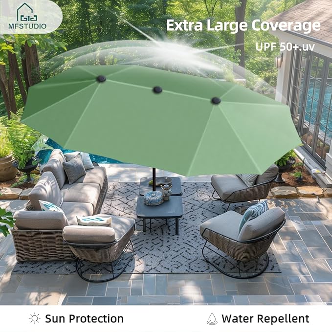 MFSTUDIO 13ft Outdoor Patio Umbrella, Double Sided Large Rectangular Umbrella Market Table Twin Triple Rectangle Umbrellas with Crank Handle for Outside Picnic Backyard Deck Pool (no base)