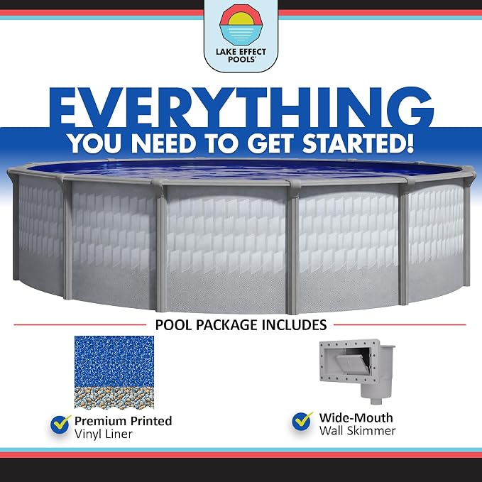 Lake Effect Pools 'Testudo' 30 ft Round Above Ground Swimming Pool | 52 Inch Resin Protected Steel Sided Walls | Bundle Includes: 25 Gauge Overlap Liner & Widemouth Skimmer