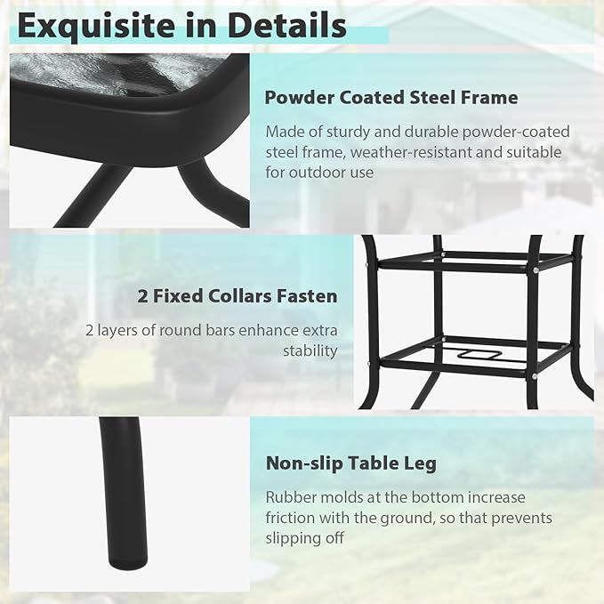 MKDLUFEI 32 Inch Umbrella Table with Hole, Outdoor Square Patio Table with Tempered Glass Top, for Balcony, Backyard, Poolside, Black
