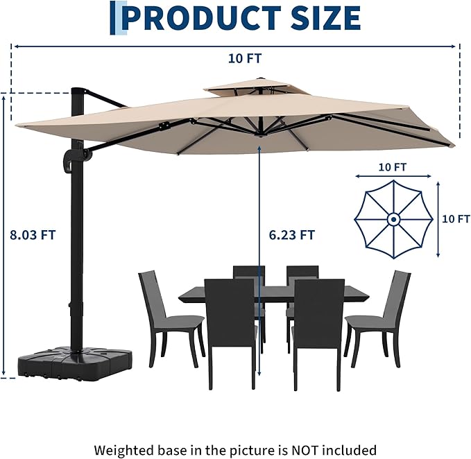 10x10 ft Square Outdoor Umbrella, Cantilever Patio Umbrella with 360° Rotation & Adjustable Height, Heavy Duty Aluminum Umbrella Outdoor Patio for Garden Poolside,Khaki (Base Not Included)