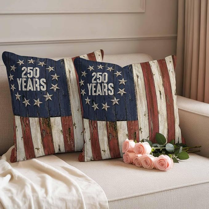 250 Year Anniversary USA Outdoor Waterproof Throw Pillow Covers 24"x24" Set of 2, 4th of July Vintage Wood Decorative Garden Pillowcase with Zipper Cushion Case for Patio Couch Tent