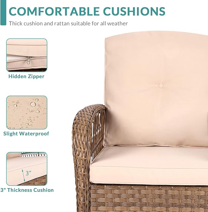 MEETWARM 5 Pieces Outdoor Patio Rattan Furniture Sets, All Weather Patio Wicker Conversation Set - 2 Rocking Swivel Chairs 1 Rattan Loveseat Glider with Cushions, 2 Glass-Top Coffee Table, Beige