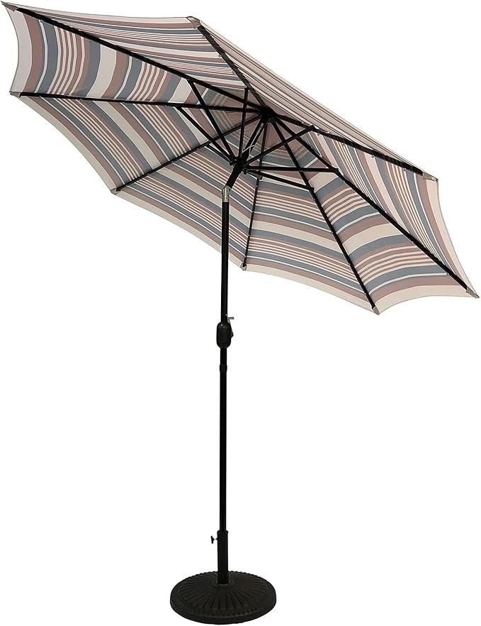 9' Round Patio Umbrella with 32 Solar Powered LED Lights, Push-Button Tilt and Hand Crank Lift, Solar Lighted Umbrella in Scarlet Stripe for Patio, Porch, and Backyard by Sun-Ray